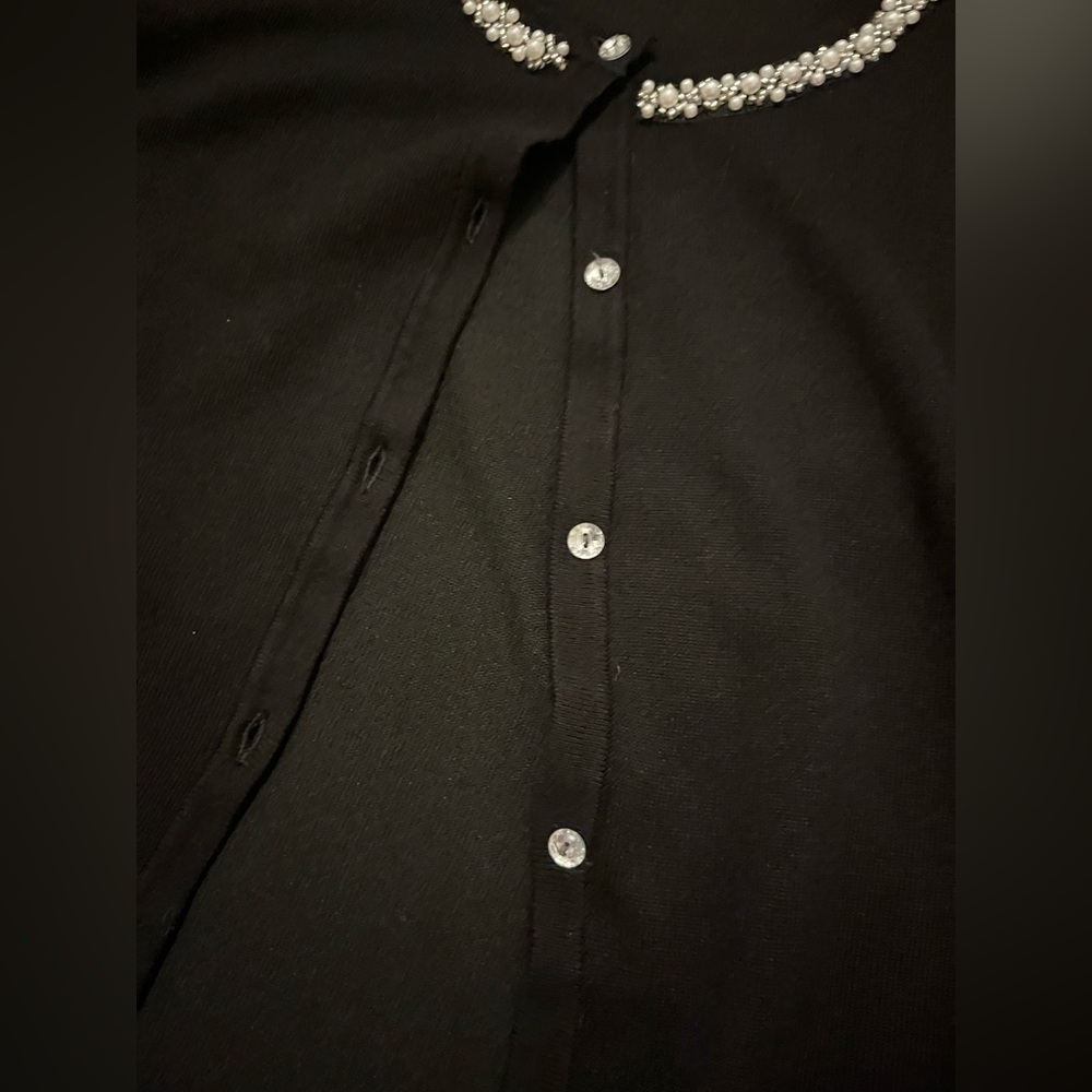 Womens Cable & Gauge Black Cardigan Sweater XL Beaded Neckline 3/4 sleeve wow! - Picture 4 of 11